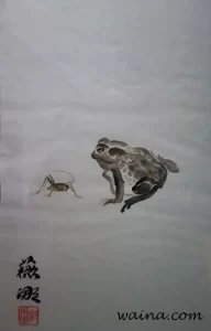 Hello!! (Toad and Cricket), original Chinese Calligraphic painting on rice paper, 37.5x26cm