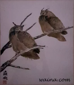 Two Eagle Owls (Two Eagle Owls on a Branch), original Chinese Calligraphic painting on rice paper, framed behind glass, 44.5x38.5cm, Oxford, UK