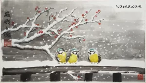 Three Blue Tits on Wooden Fence (Blue Tits, fence, red berries, deep snow), original Chinese Calligraphic painting on rice paper, framed behind glass, 26x36cm, Munich, Germany