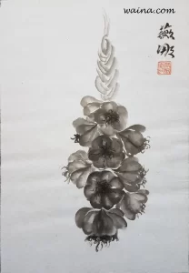 Garlic (French String of Garlic), original Chinese Calligraphic painting on rice paper, framed behind glass, 38x27cm, Oxford, UK