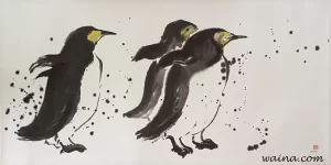 King Penguins in Snow, original Chinese Calligraphic painting on rice paper, 65x128cm