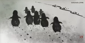 Grand Day Out (King Penguins), original Chinese Calligraphic painting on rice paper, 64.5x126cm