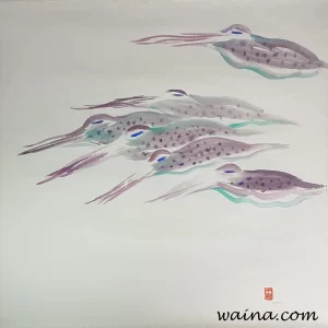 School of Cuttlefish (Six Cuttlefish), original Chinese Calligraphic painting on rice paper, 64.5x64cm