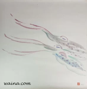 Cuttlefish (Three Cuttlefish), original Chinese Calligraphic painting on rice paper, 64x63.5cm