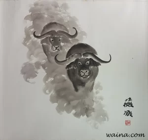 Stampede (Two African Buffalo), original Chinese Calligraphic painting on rice paper, 65x68cm