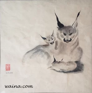 Lynx with Two Kittens, original Chinese Calligraphic painting on rice paper, 17.5x17.5cm