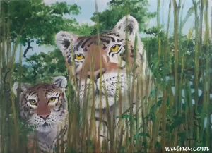 Wait!! (Tiger and Cub "Patience"), original Oil on stretched canvas, 49x57.5cm