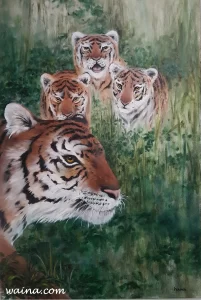 Look Mum, Daddy's here (Tiger and three cubs), original Oil on stretched canvas, 86x57.5cm